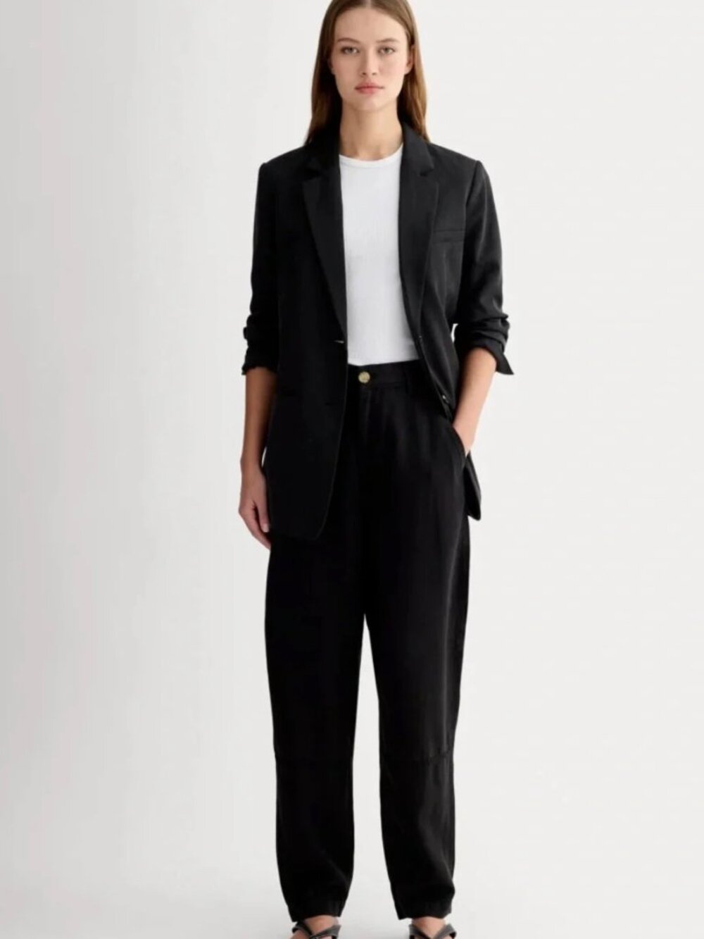 2 Everlane Pants Buttersoft Barrel Leg Trousers CREAM/BLACK  SET OF TWO - Picture 2 of 9